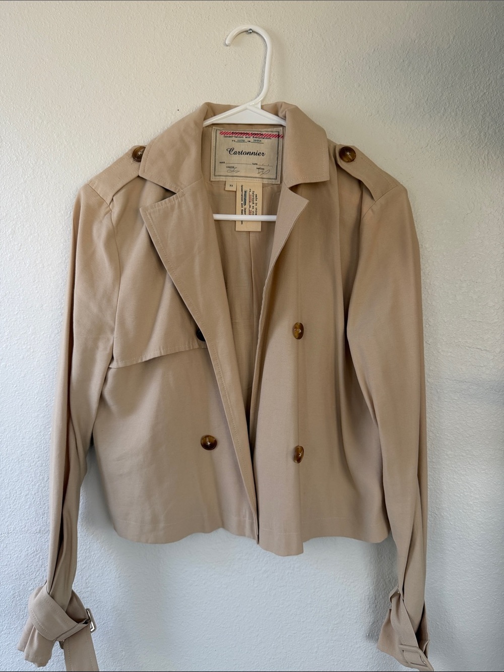 Anthropologie Cartonnier Cropped Trench Jacket Beige XS Double Breasted Buckle